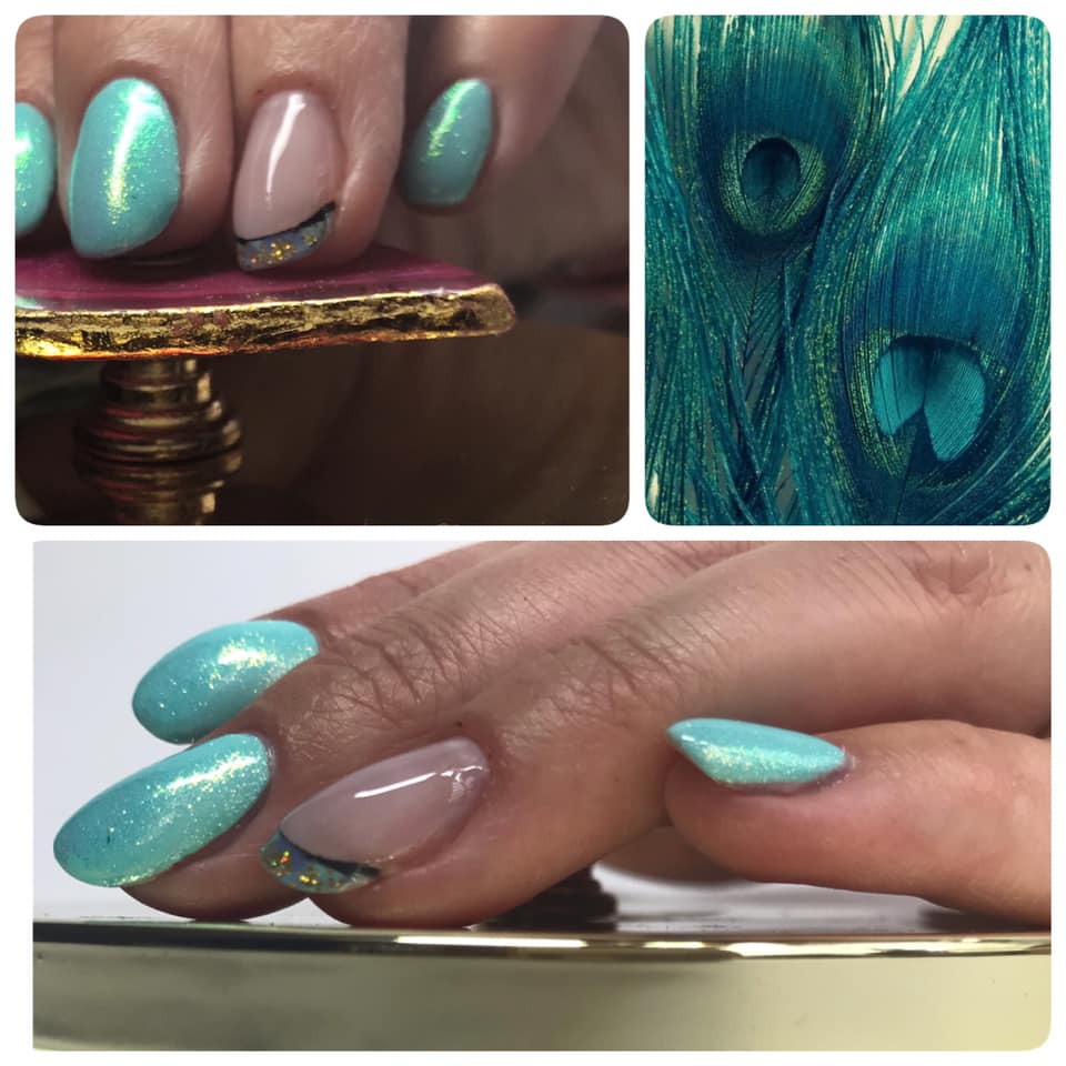 A group of images showing the different shades of light blue on nails and feathers
