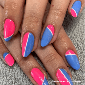 pink and blue colour block nails