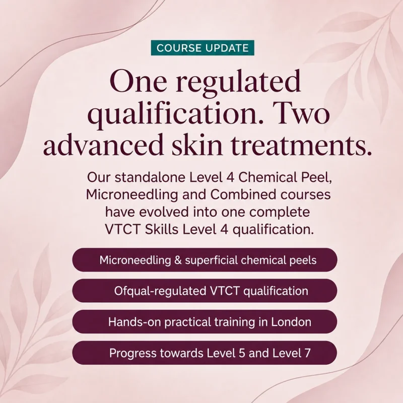 Level 4 course update combining chemical peel and microneedling training into one regulated VTCT qualification