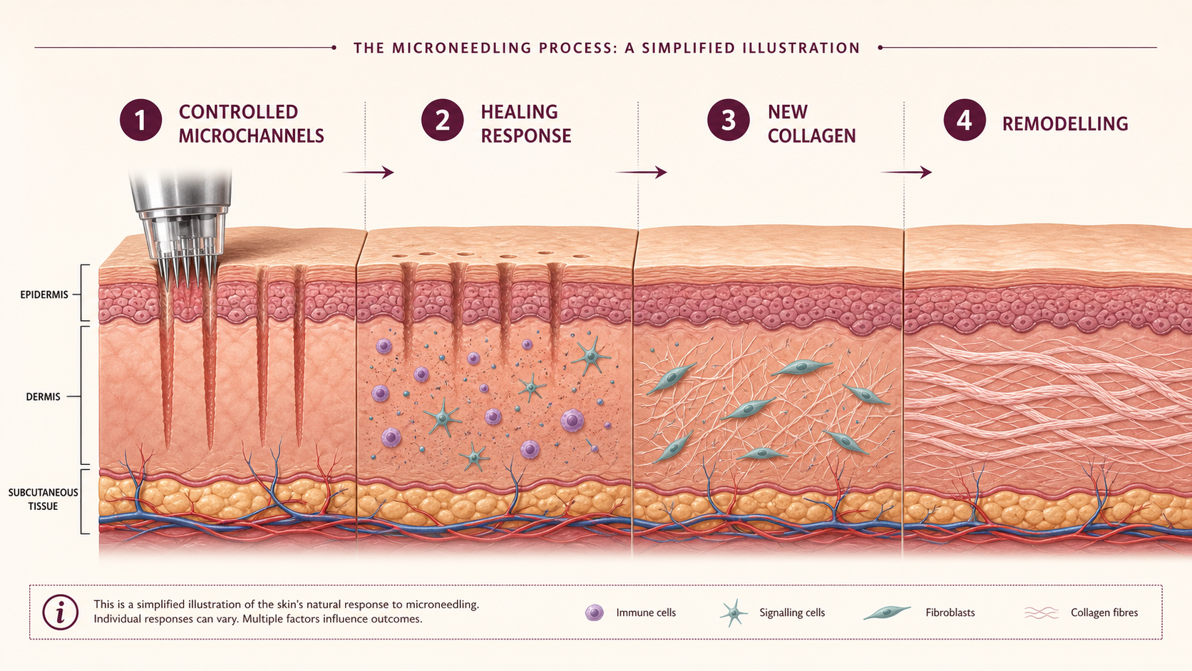 Simplified illustration of controlled microneedling microchannels, healing response, new collagen and collagen remodelling