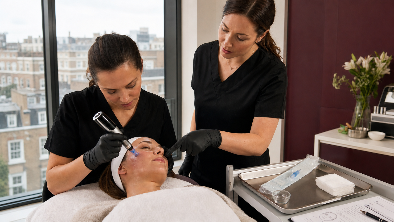 A student performs facial microneedling on a client's cheek with a multi-needle dermapen while a tutor supervises